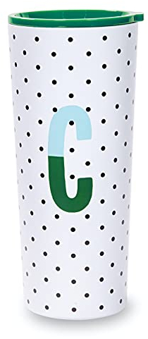 Kate Spade New York Insulated Stainless Steel Initial Tumbler, 24 Ounce Double Wall Travel Cup with Lid, C (Green)