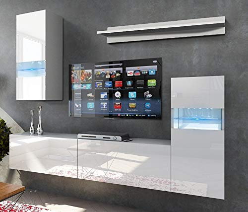 Furnitech Wohnwand Wohnzimmer | Wohnzimmer Möbel mit LED Weiß | Hängend Wohnwand Modern | Wohnzimmer Schrankwand mit Regale und TV Schrank (Future 56/HG/W/2 1B)