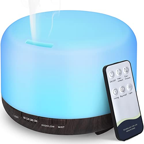 Hianjoo Aroma Diffuser 450ml, Luftbefeuchter mit Timer, Ultraschall Aromatherapie Diffusor 7 Farben LED mit Fernbedienung für Schlafzimmer/Büro/Yoga/Spa - Dunkles Holz