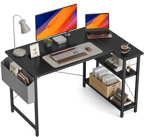 CubiCubi L Shaped Gaming Desk, 120x70 cm Computer Desk with Storage Bag, Office Desk Writing Table with Large Reversible Storage Shelves, Workstation for Study Play Work Home Office, Black