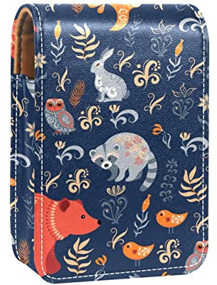 Lippenstift-Etui mit Spiegel, Tiere, Bär, Fuchs, Eule, Kaninchen, Eichhörnchen, Lipgloss-Halter, tragbare Lippenstift-Aufbewahrungsbox, Reise-Make-up-Tasche, Mini-Leder-Kosmetiktasche für 3