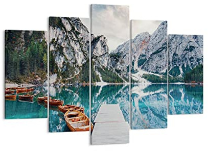 ARTTOR Leinwandbild 150x100cm Wandbild Landschaften Natur - 5068 | Boote Gebirge Hafen Mehrteilige Groß XXL Wanddekoration Wohnzimmer Schlafzimmer Wanddeko Wand Kunstdruck Wandkunst ARTTOR