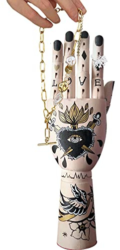 WAYUTO 30,5 cm Holz-Handmodell flexibles Holz Tattoo Künstler Zeichnung Handfigur handbemalt Graffiti Hand Finger Skulptur für Ring Schmuck Display Ständer Home Office Schreibtisch Dekoration Beige