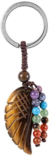 Nupuyai Tigerauge Stein Engelsflügel Schlüsselanhänger Kristall mit 7 Chakra Heilsteine, Schutzengel Flügel Glücksbringer Edelstein Schlüsselring Glücksstein Amulett Taschenanhänger