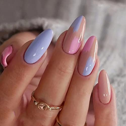 Sethexy Abstrait Stylet Faux Ongles Nu Rose Coller sur les ongles Ligne ondulée Faux ongles 24 pièces Acrylique De l'art Appuyez sur les pointes des ongles pour les femmes et les filles