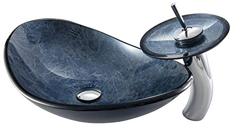 ZTGL Lavabo Ovale en Verre avec Robinet, Vasque à Poser Salle de Bain, Cuisine, WC D'invités, Moderne Bleu Lavabo Vasque avec Drain, 540x360x160 mm