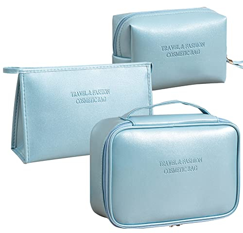 Veki Ensemble de 3 Sacs Trousse de Maquillage, Organisateur de Maquillage pour Femme et Fille, Pochette de Toilette Portable Imperméable, Étui de Rangement de Voyage (Bleu Cortical)