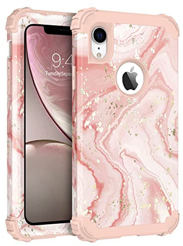 BENTOBEN for iPhone XR Case - Marble, Heavy Duty Shockproof Hard PC Soft TPU Cover Bumper Glitter Gold Pink Marble Pattern Protective Case