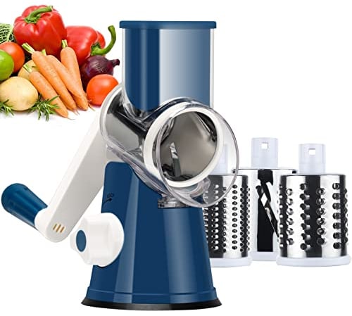 Ourokhome Rotary Cheese Grater Round Mandolin Slicer, Handheld Hashbrown Shredder with 3 Drum Blades, Kitchen Manual Speed Walnut Grinder for Potato, Carrot, Vegetables, Nuts, Zucchini (Dark Blue)