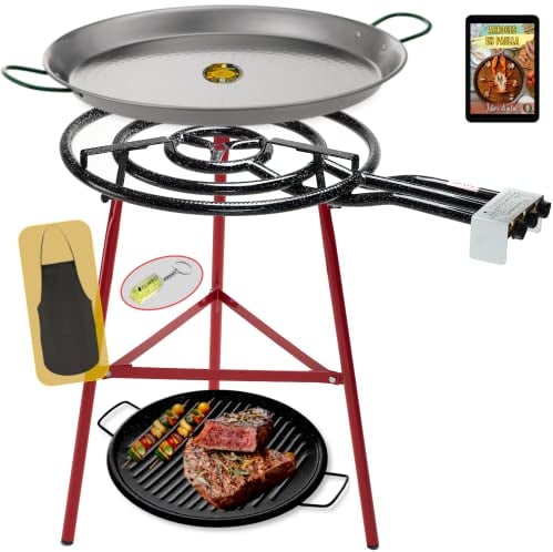 COMBOI Paellero gas butano 60 cm Kit Quemador de 3 fuegos, paellera de 70 cm + asador grill 46 cm, Soporte Patas reforzadas, nivel, delantal, libro de recetas digital.