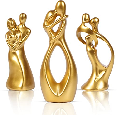 oliruim Set di 3 statue dorate che abbracciano, scultura decorativa per la casa per camera da letto, mensola o supporto TV, decorazione per San Valentino (oro)