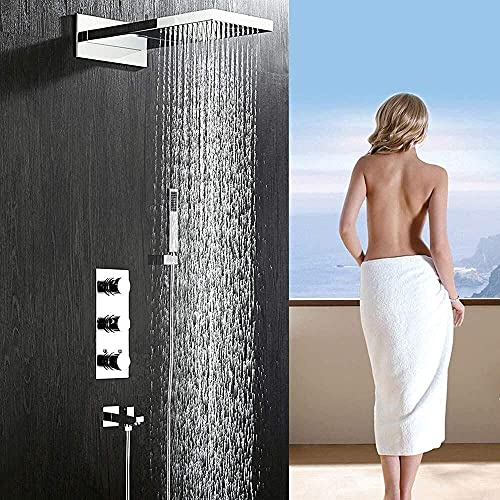 CAZARU Termostato de Cobre Cascada de Lluvia en la Pared Ducha Oculta Juego de Ducha de baño con Sistema de Grifo de Ducha de Mano de 3 Funciones Plata Hermosa práctica