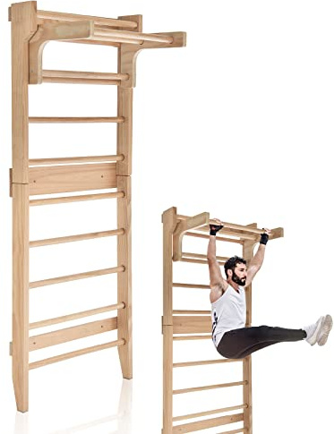 COSTWAY Espalier Suédois en Bois de Pin avec Charge Max 100KG pour Adultes, Échelle de Gym Multifonctionnel avec Barre de Traction Amovible 80X48X195CM pour Maison Salles de Sport