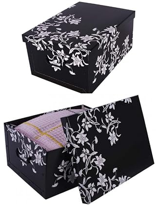 Kreher® 2 Stück Aufbewahrungsbox mit Deckel, Deko Papp-Karton, Stapelbox, 45 Liter mit Griffen, 51 x 37 x 24 cm (Barock Blume Schwarz)