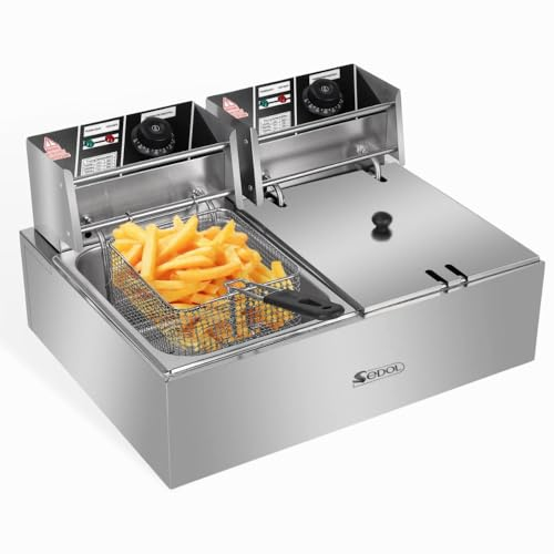 SEDOL Deep Fat Fryer - 2500W Electric Deep Fryer - Stainless Steel Commercial Chip Fryer for Home and Kitchen - Fryer for French Fries, Onion Rings, Fried Chicken & More (12.7QT/12L Double Cylinder)