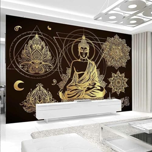 Wandtapete 3D Effekt Buddha Blumen Kinder Tapete Gold Schwarz Tapete Selbstklebende Wohnzimmer Wandbilder Poster 150x105cm