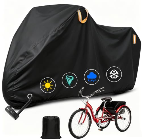 AIBILEY Adult Tricycle Cover Outdoor Storage Waterproof ,Heavy Duty Anti-UV 420D Tearproof Bike Covers Fit for Electric Trike,3 Wheels Bicycle,All Weather Use,Windproof Buckle,Lock Hole