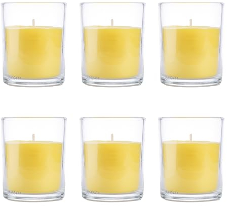 Pack de 6 Velas Aromáticas en Vaso de Cristal Reciclable 120g - 28h de Duración,Cera Vegetal Perfumada, Fabricadas en España, 8.5x7cm (Citronela)