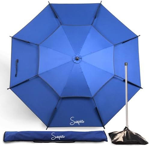 Sunphio Sonnenschirm Strand 220 cm, Windfest Stabil, Strandschirm Groß Klein, Leicht für Reise, UV Schutz 50, Beach Sonnenschutz Tragbar mit Erdspieß