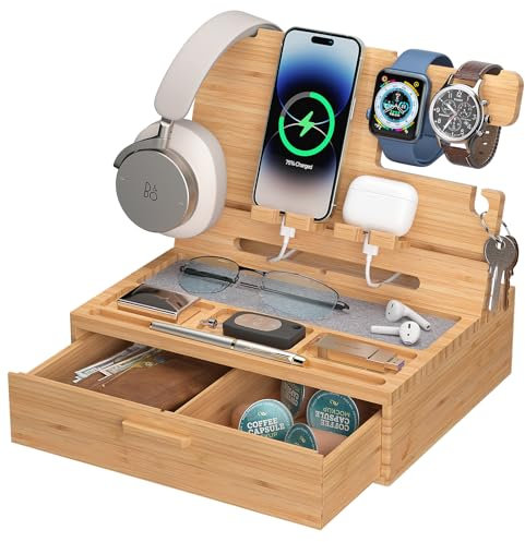 Pezin & Hulin Wood Nightstand Organizer Tray, Bamboo Phone Docking Station with Drawer, Bedside Valet Tray for Multi-Device, Ideal for Husband Him Boyfriend Graduation Christmas (Natural)