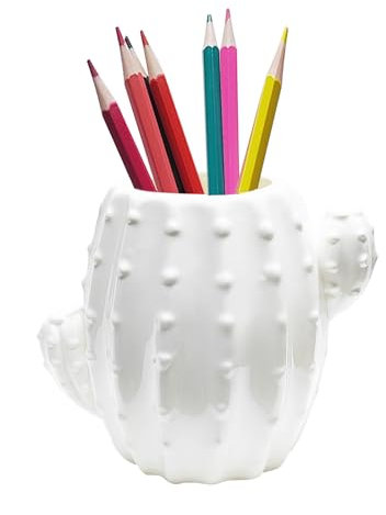 MaoYaMao Accessoires de bureau en forme de cactus pour bureau - Joli pot à crayons en céramique - Cadeau pour la maison, le bureau, l'école, les cactus (blanc)