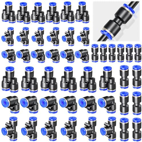 TTYSHIP® 48 Pièces Raccord Pneumatique, Connecteur Pneumatique en Plastique 6mm/8mm, Raccord Rapide Air Comprimé pour Connexions Rapides pour Conduites D'air (Y+T+Droit+Angle)