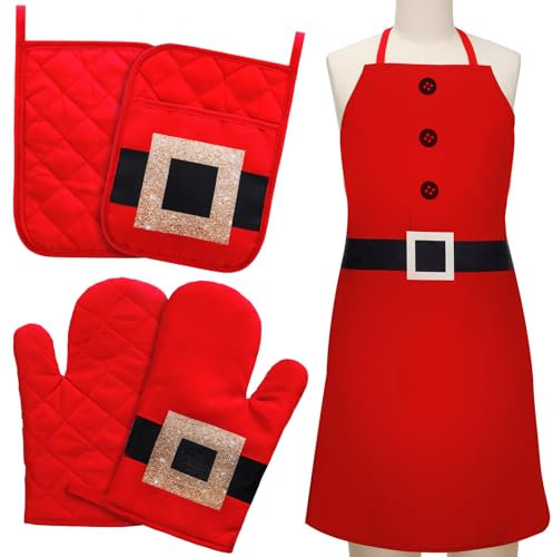 Geyoga 5 Pcs Christmas Apron and Oven Mitt Hot Pads Set Insulated Santa Claus Kitchen Apron Heat Resistant Oven Gloves Washable Non Slip Pot Holders for Baking Cooking Grilling BBQ Xmas