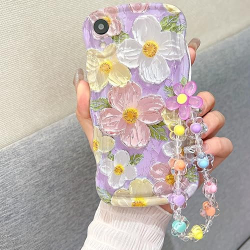 for iPhone XR Curly Wavy Case, Cute Colorful Retro Oil Painting Flower Glossy Pattern [with Bead Chain], Slim Fit Shockproof Protective Cover for Girls Women (Purple)