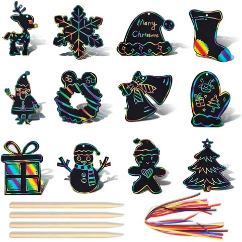 VIEVRE 12 Stück Weihnachten Kratzbilder für Kinder, Weihnachts Kratzbuch Set, Weihnachtsdeko Regenbogen Kratzpapier zum Basteln, Regenbogen Scratch Art Set für Winter Deko Party Mitgebsel Geburtstag