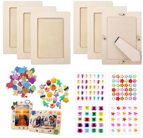 XIATIAN 6 Stück Bilderrahmen Holz, Bilderrahmen zum Bemalen 20x15 cm | Kinder Billderrahmen mit Glitzersteine & Sticker, DIY Basteln Bilderrahmens für Jubiläen Geburtstage