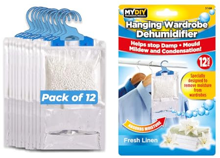 MY DIY Wardrobe Dehumidifier Hanging Bags - Pack of 12 Moisture Absorber, Dehumidifier Bags for home Prevents Condensation, Damp, Mould - Perfect for Wardrobes, Closets, Bookcases, Basement Office