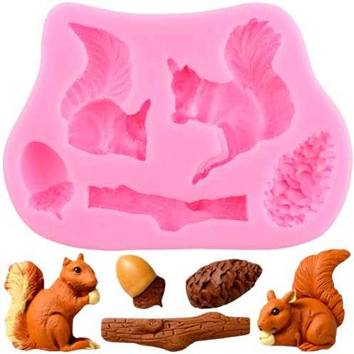 XMOLDNMS Silikonform Für Fondant Mit Tiermotiv Eichhörnchen Tannenzapfen Eichel Baumstamm Form Zum Dekorieren Von Kuchen Cupcake-Topper Schokolade Blütenpaste Süßigkeiten Polymer-Ton