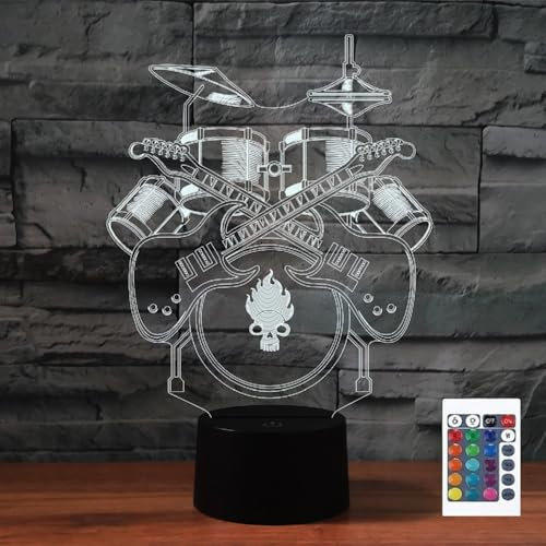 FLRXHK Schlagzeug-Set, 3D-Illusions-Nachtlicht, Touch-Tischlampe mit Fernbedienung, 16 Farben, optisches USB-LED-Nachtlicht für Kinder, Geschenk, Raumdekoration