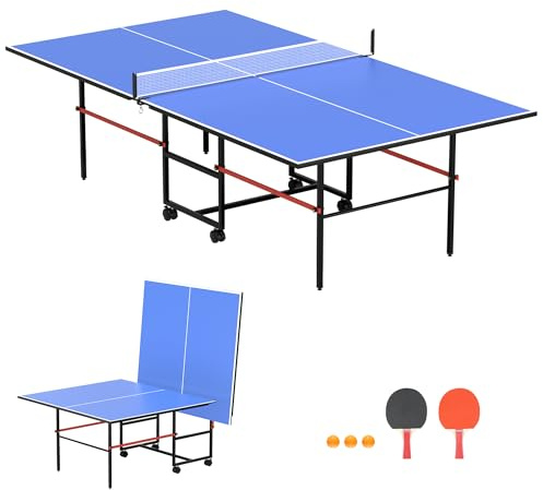 Table de ping-pong professionnelle pliable pour intérieur et extérieur – Table de ping-pong de taille moyenne de 2,4 m avec filet, 2 raquettes de tennis de table et 3 balles – Assemblage rapide et