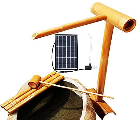 Fontaine à eau extérieure à énergie solaire, fontaine zen en bambou pour intérieur ou extérieur avec pompe, radeaux en bambou et louches en bambou, panneau solaire 6 W, filtre à eau, tube à eau de 2 m