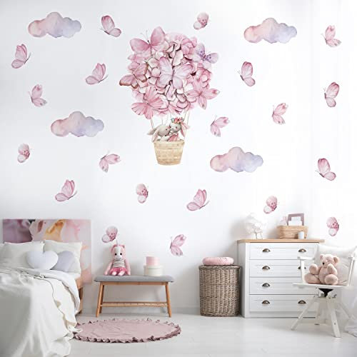 Dayker Pink Butterfly Cloud Bunny Hot Air Balloon Wall Decals, Removable Vinyl DIY Peel and Sticker Wall Stickers, for Kids Nursery Toddler Bedroom Kindergarten Art Decorations