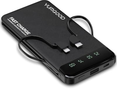 YUMGOOD Portable Charger with Built-in Cables, Slimmest 10000mAh 5V 2.4A Fast Charging Power Bank, Dual USB C in&Out High-Speed Charging Battery Pack (Black, 10000mAh)