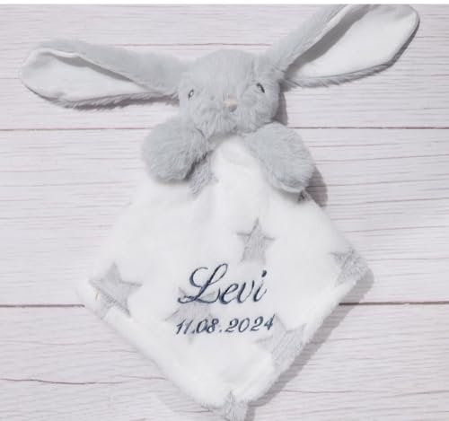BotoBaby® - Schmusetuch mit Namen und Geburtsdatum - Kuscheltuch - (Grau - Hase - Sternen)