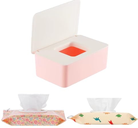 HFHungkeong Wipes Dispenser Set,1 Wipe Box & 2 Portable Pouches,White Pink | Refillable Reusable Large Wet Wipe Holder, Flushable Wipes Case Bathroom Wipes Container for Pet Nursery Kitchen Office