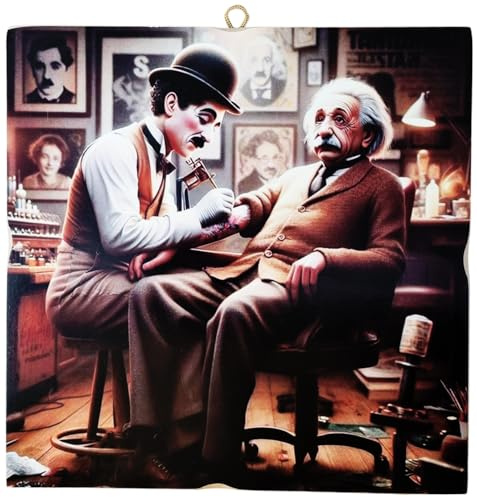 KUSTOM ART Wandbild Serie Große Charaktere der Geschichte Albert Einstein Charlie Chaplin Tattoo auf Arm Druck auf Holz 22 x 22 cm