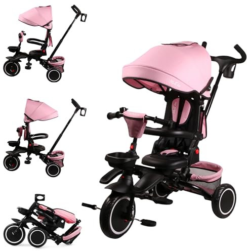 MonTrike Triciclo Pieghevole Evolutivo 6 in 1 Bambini 1-5 Anni Sedile Ruotabile 360 Schienale Reclinabile Ergonomico Cappottina Ruote Gomma EVA Cintura Sicurezza 5 Punti Peso Massimo 25 Kg Rosa