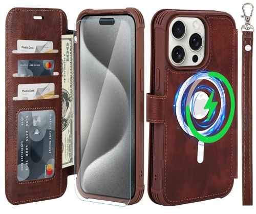 VANAVAGY Wallet Case for iPhone 15 Pro for Magsafe,Brown | PU Leather Flip,Slim,12ft Drop Protection,RFID Blocking Card Holder,Magsafe Wireless Charging,Includes Screen Protector
