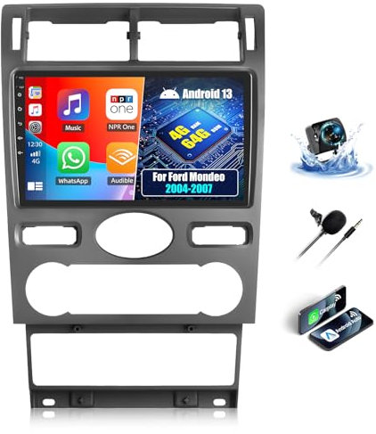 OiLiehu 4+64GB Android 13 2 DIN Carplay Android Auto para Ford Mondeo 2004-2007 Pantalla Radio Coche 9 Pulgadas con Mirror Link Bluetooth FM RDS GPS WiFi SWC EQ y Cámara Coche Trasera