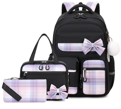 Amythe Schultasche Mädchen Set, Schulrucksack Mädchen 3 Teilig mit Lunchtasche Federmappe, Schulranzen für Mädchen der 3. bis 5. Klasse, Niedlicher Lässiger Kinderrucksack, Schwarz
