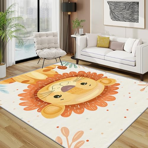 TerroVee Löwe Teppich Waschbar, Cartoon Süß Safari Dschungel Tiere Teppich 80x150 cm, Kinderzimmer rutschfest Waschbar Pflegeleicht Teppiche Für Schlafzimmer Küche, Orange Beige