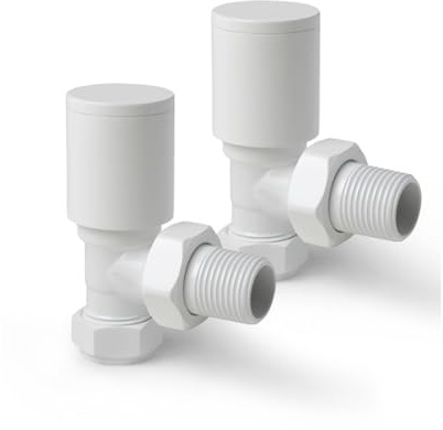 Go Bathrooms Angled Radiator Valves 15mm White Round Top | Pair of modern round top angled radiator valves for heated towel rails and central heating. White finish.