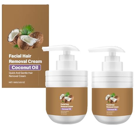 Coconut Oil Facial Hair Removal Cream, Moisturizing & Soothing, Gentle Quick Effective Painless for Smooth Skin, Non-Irritation for Chin Face and Body, For All Skin Types (2pcs)