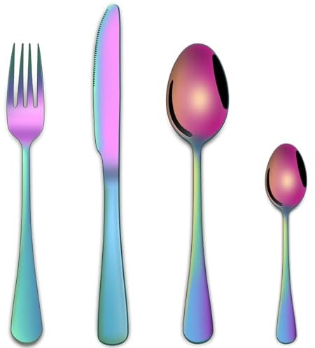 Colorful Rainbow 16-Piece Cutlery Sets Service for 5,Stainless Steel Silverware Sets Includes Knife Spoon and Fork Eating Utensils Sets for Kitchen Tableware Sets