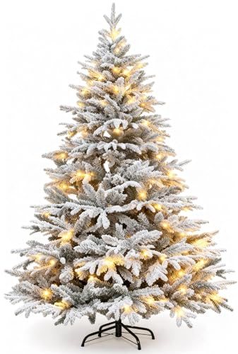 7ft Pre-Lit Snow Flocked Christmas Tree with LED Lights 1268 PE+PVC Mixed Tips Xmas Trees Bushy Artificial Lapland Fir Christmas Tree Fake Pine Tree with Metal Stand Easy to Assemble 210cm