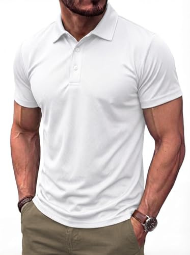 PINSPARK Polo Shirts für Herren Sommer Kurzarm Hemd Atmungsaktiv Poloshirt Schnelltrocknend Golf Shirt Männer Basic Polohemd Leicht Slim Fit T Shirt Weiß L
